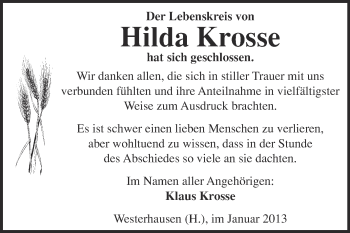 Traueranzeige von Hilda Krosse von Mitteldeutsche Zeitung Quedlinburg