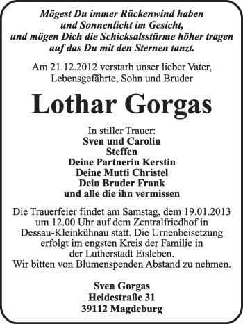Traueranzeige von Lothar Gorgas von Mitteldeutsche Zeitung Dessau-Roßlau