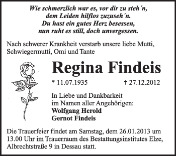 Traueranzeige von Regina Findeis von Mitteldeutsche Zeitung Dessau-Roßlau