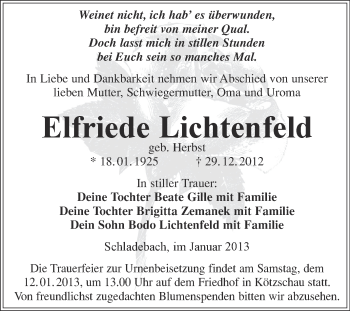 Traueranzeige von Elfriede Lichtenfeld von Mitteldeutsche Zeitung Merseburg/Querfurt