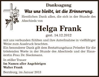 Traueranzeige von Helga Frank von Mitteldeutsche Zeitung Bernburg