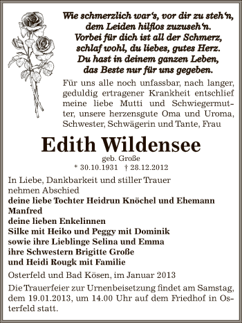 Traueranzeige von Edith Wildensee von Mitteldeutsche Zeitung Zeitz