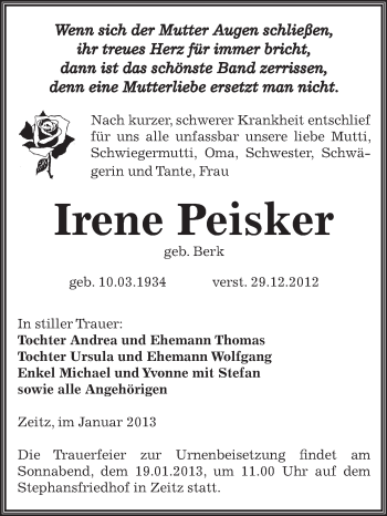 Traueranzeige von Irene Peisker von Mitteldeutsche Zeitung Zeitz