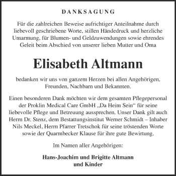 Traueranzeige von Elisabeth Altmann von Mitteldeutsche Zeitung Quedlinburg