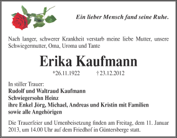 Traueranzeige von Erika Kaufmann von Mitteldeutsche Zeitung Quedlinburg
