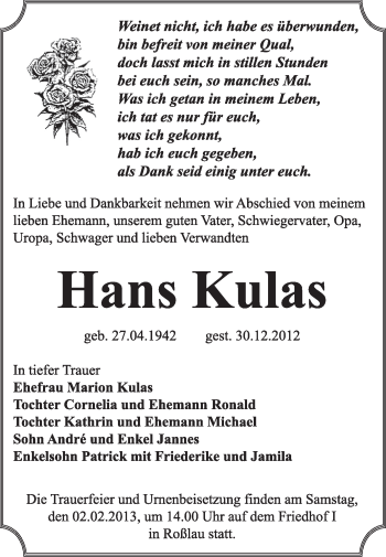 Traueranzeige von Hans Kulas von Mitteldeutsche Zeitung Dessau-Roßlau