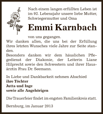Traueranzeige von Emmi Karnbach von Mitteldeutsche Zeitung Bernburg