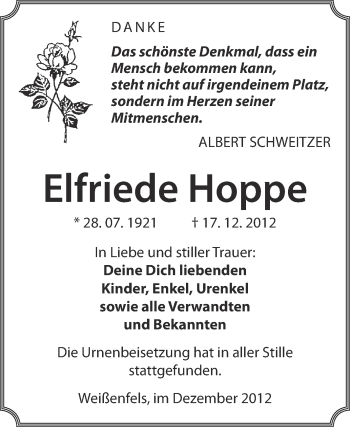 Traueranzeige von Elfriede Hoppe von Mitteldeutsche Zeitung Weißenfels