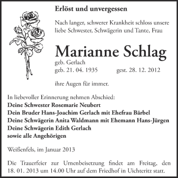 Traueranzeige von Marianne Schlag von Mitteldeutsche Zeitung Weißenfels