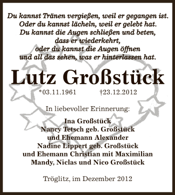 Traueranzeige von Lutz Großstück von Mitteldeutsche Zeitung Zeitz