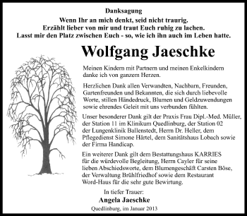 Traueranzeige von Wolfgang Jaeschke von Mitteldeutsche Zeitung Quedlinburg