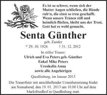 Traueranzeige von Senta Günther von Mitteldeutsche Zeitung Quedlinburg