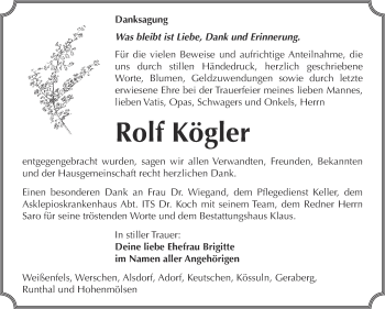 Traueranzeige von Rolf Kögler von Mitteldeutsche Zeitung Weißenfels