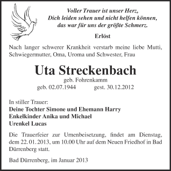 Traueranzeige von Uta Streckenbach von Mitteldeutsche Zeitung Merseburg/Querfurt