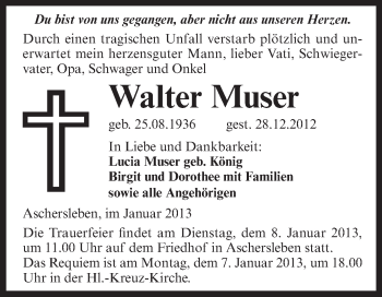 Traueranzeige von Walter Muser von Mitteldeutsche Zeitung Aschersleben