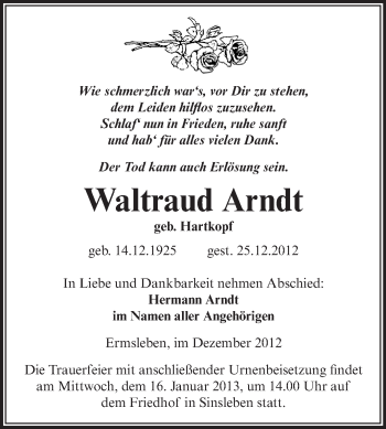 Traueranzeige von Waltraud Arndt von Mitteldeutsche Zeitung Quedlinburg
