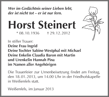 Traueranzeige von Horst Steinert von Mitteldeutsche Zeitung Weißenfels