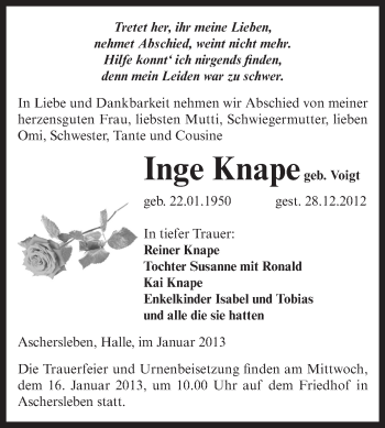 Traueranzeige von Inge Knape von Mitteldeutsche Zeitung Aschersleben