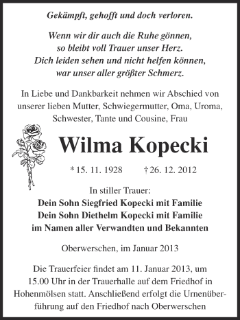 Traueranzeige von Wilma Kopecki von Mitteldeutsche Zeitung Weißenfels