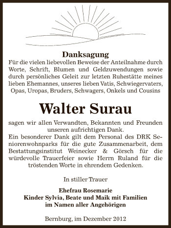 Traueranzeige von Walter Surau von Mitteldeutsche Zeitung Bernburg
