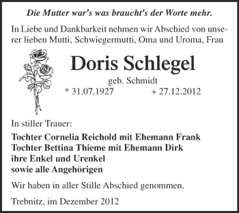 Traueranzeige von Doris Schlegel von Mitteldeutsche Zeitung Weißenfels