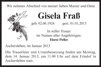 Traueranzeige von Gisela Fraß von Mitteldeutsche Zeitung Aschersleben