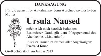 Traueranzeige von Ursula Naused von Mitteldeutsche Zeitung Aschersleben