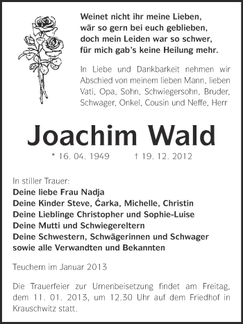 Traueranzeige von Joachim Wald von Mitteldeutsche Zeitung Weißenfels
