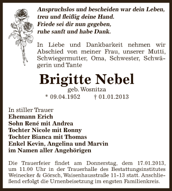 Traueranzeige von Brigitte Nebel von Mitteldeutsche Zeitung Bernburg