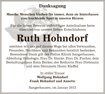 Traueranzeige von Ruth Hohndorf von Mitteldeutsche Zeitung Sangerhausen