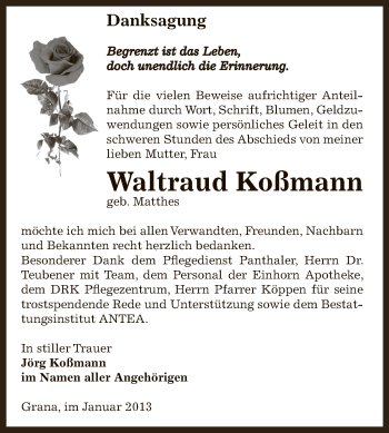 Traueranzeige von Waltraud Koßmann von Mitteldeutsche Zeitung Zeitz