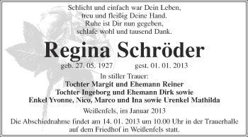 Traueranzeige von Regina Schröder von Mitteldeutsche Zeitung Weißenfels