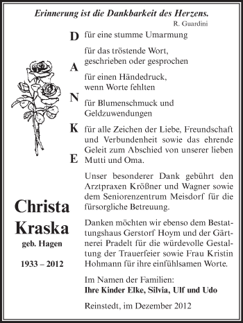 Traueranzeige von Christa Kraska von Mitteldeutsche Zeitung Quedlinburg