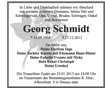 Traueranzeige von Georg Schmidt von Mitteldeutsche Zeitung Dessau-Roßlau