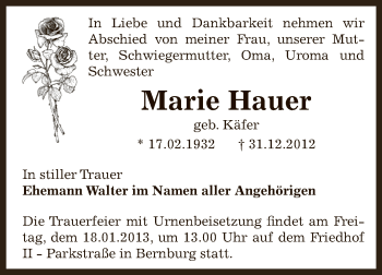 Traueranzeige von Marie Hauer von Mitteldeutsche Zeitung Bernburg