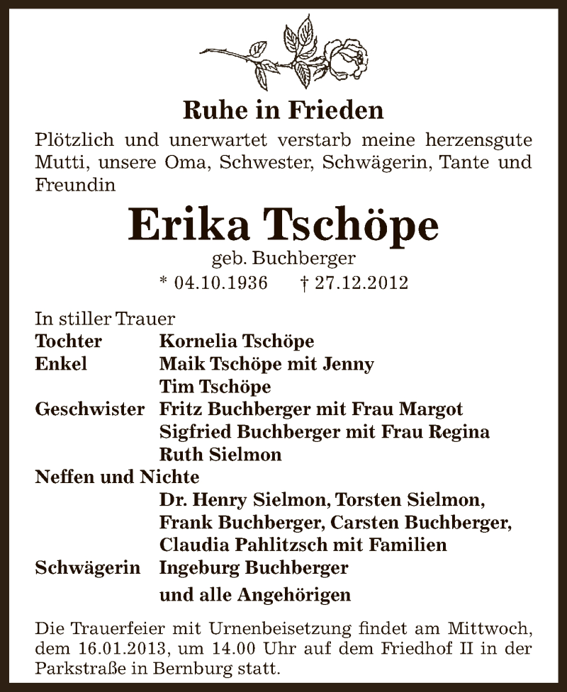  Traueranzeige für Erika Tschöpe vom 06.01.2013 aus Mitteldeutsche Zeitung Bernburg