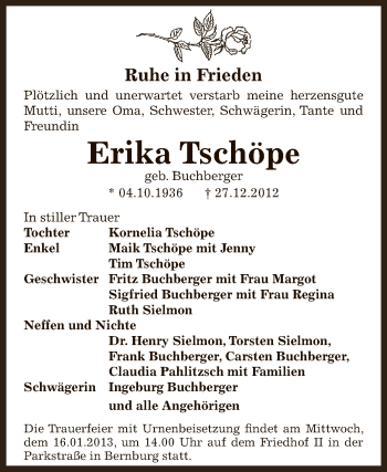 Traueranzeige von Erika Tschöpe von Mitteldeutsche Zeitung Bernburg
