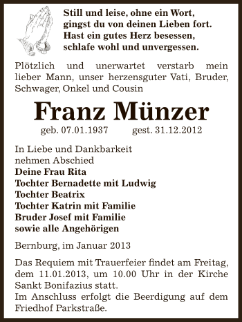 Traueranzeige von Franz Münzer von Mitteldeutsche Zeitung Bernburg