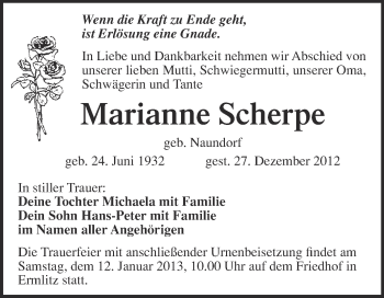Traueranzeige von Marianne Scherpe von Mitteldeutsche Zeitung Merseburg/Querfurt