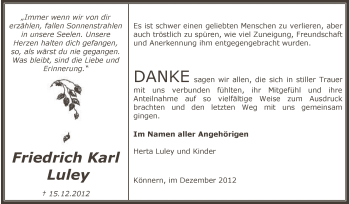 Traueranzeige von Friedrich Karl Luley von Mitteldeutsche Zeitung Bernburg