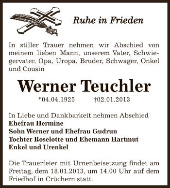Traueranzeige von Werner Teuchler von Mitteldeutsche Zeitung Bernburg
