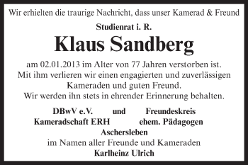 Traueranzeige von Klaus Sandberg von Mitteldeutsche Zeitung Aschersleben