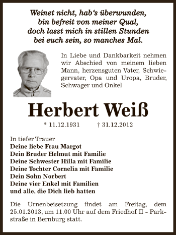 Traueranzeige von Herbert Weiß von Mitteldeutsche Zeitung Bernburg