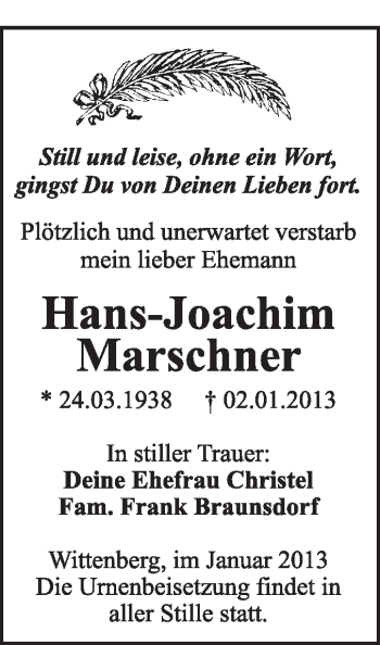 Traueranzeige von Hans-Joachim Marschner von Mitteldeutsche Zeitung Jessen