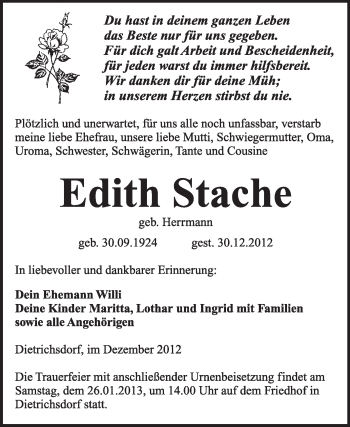 Traueranzeige von Edith Stache von Mitteldeutsche Zeitung Jessen