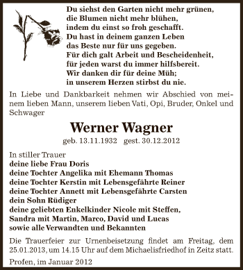 Traueranzeige von Werner Wagner von Mitteldeutsche Zeitung Zeitz