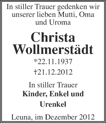 Traueranzeige von Christa Wollmerstädt von Mitteldeutsche Zeitung Merseburg/Querfurt