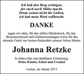 Traueranzeige von Johanna Retzke von Mitteldeutsche Zeitung Jessen
