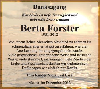 Traueranzeige von Berta Forster von Mitteldeutsche Zeitung Jessen