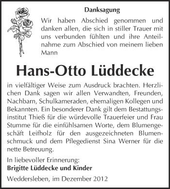 Traueranzeige von Hans-Otto Lüddecke von Mitteldeutsche Zeitung Quedlinburg